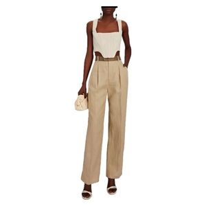 Significant Other High Waisted Pleated Linen Trousers Wide Leg Pants Khaki 6